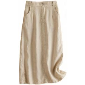 Kinghua Womens Linen Skirt Elastic High Waisted Casual Straight Cotton Linen Midi Skirt with Slit (Medium, Beige)