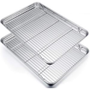 P&P CHEF 19.6 Inch Stainless Steel Baking Sheet with Rack Set (2 Pans+ 2 Racks), Cookie Sheets Baking Trays and Cooling Wire Racks, Oven & Dishwasher Safe, Pans with Flat Racks