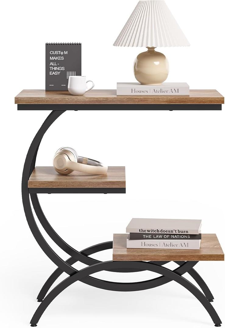 LITTLE TREE End Table, Narrow End Table with 3 Storage Shelves, Industrial C-Shaped Small Sofa Side Table for Living Room, Wood Slim Snack Table with Black Metal Frame, Oak