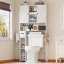 EasyCom Over The Toilet Storage Cabinet with Metal Frame and 7 Storage Shelves, Bathroom Organizer with Adjustable Shelves and Paper Holder, Farmhouse Storage Cabinet for Bathroom, Laundry, White