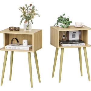 Natural Nightstand Set of 2, Small Bed Side Table for Small Spaces, Mid Century Modern Nightstand End Table with Open Storage, Side Table for Bedroom Living Room, MLBZ20Y-2