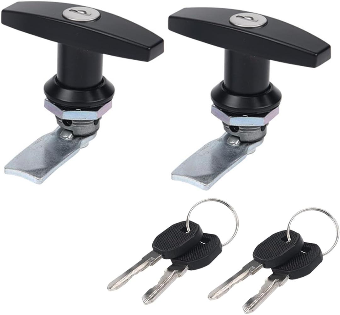 T Handle Door Lock 2PCS Truck Cap Replacement with 2 Keys Zinc Alloy Lock Black T-Handle Latch Set for Garage Door Lock Truck Camper Cabinet Door