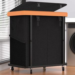 190L (50 Gal) Large Fashion Laundry Basket with Wheels, Leather Patchwork Rolling Hamper Carts, Sturdy Metal Frame, Removable Washable Bag, Tall Clothes Sorter for Bedroom - 2 Section Black