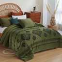 EVENHUG Velvet Boho Comforter Set King Size 3 Pieces Olive Green Cozy Fluffy Bedding Sets with1 Comforter and 2 Pillowcases (104"x90")