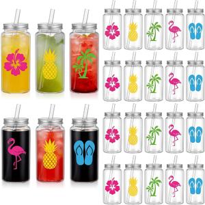 Jingmore 20 Pcs Hawaiian Plastic Cups with Lids and Straws 14 oz Reusable Tropical Drinking Reusable Cups Clear Luau Party Supplies Plastic Tumbler with Lid and Straw for Summer Beach Party Supplies