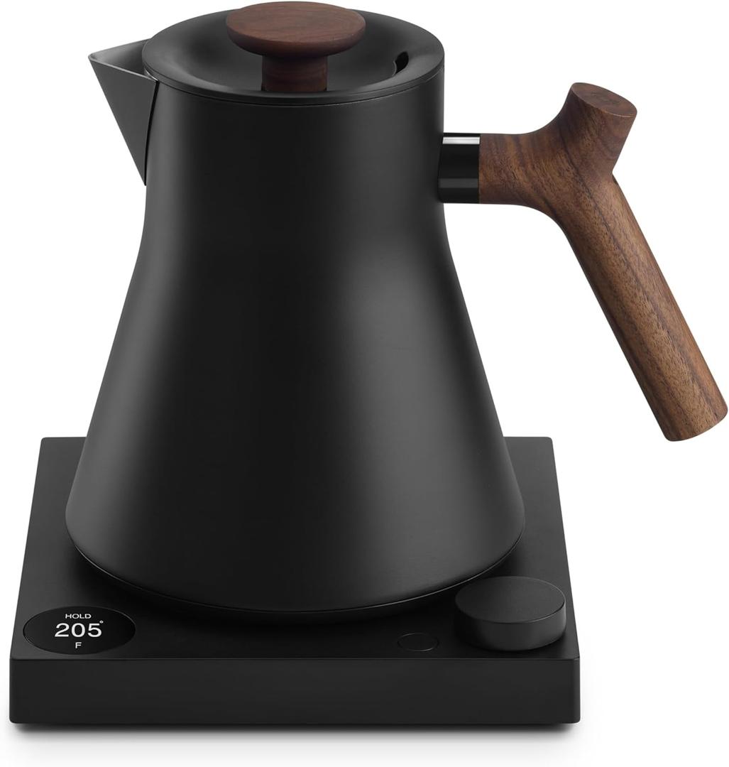 Fellow Corvo EKG Pro Electric Tea Kettle - Quick Heating, Precise Temperature Control Electric Kettle, Scheduling, Built-in Brew Timer for Boiling Water - Matte Black with Walnut Handle - 0.9 Liter