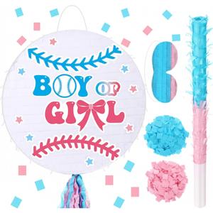 Jerify 16 x 16 Inch Gender Reveal Piñata with Bat Blindfold and Pink Blue Confetti Gender Reveal Baseball Piñata for Baby Shower Party Supplies Decor