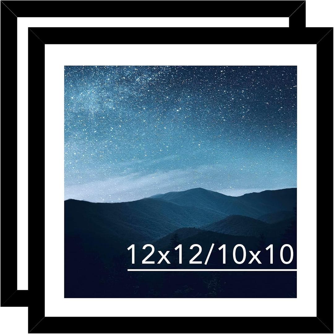 JCJMY 12x12 Picture Frame Set of 2 Black with 10x10 Mat for 30 x 30cm Diamond Art Painting, Display Photo 12 x 12 Without Mat, Wall Hanging Large Frame with Plexiglass, 2 Pack