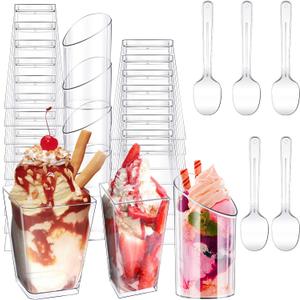 Funtery 300 Pack Mini Dessert Cups with Spoons Bulk Clear Plastic Slanted Round Parfait Appetizer Cup for Desserts Shooters(3oz, 5oz,Round, Square, Square)