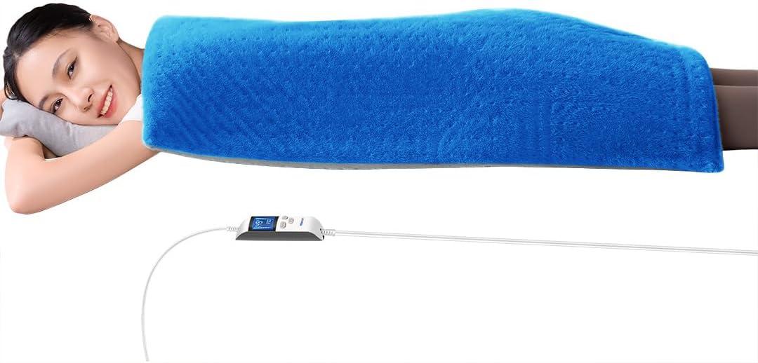 Boncare 17"x33" Extra Large Heating Pad for Back Pain Relief & Period Cramp Without Auto Shut Off & 5 Auto Shut-Off Timers, 6 Heat Levels 9 Hr Auto Off and 12.6ft Cord Bed Foot Warmer(Blue)