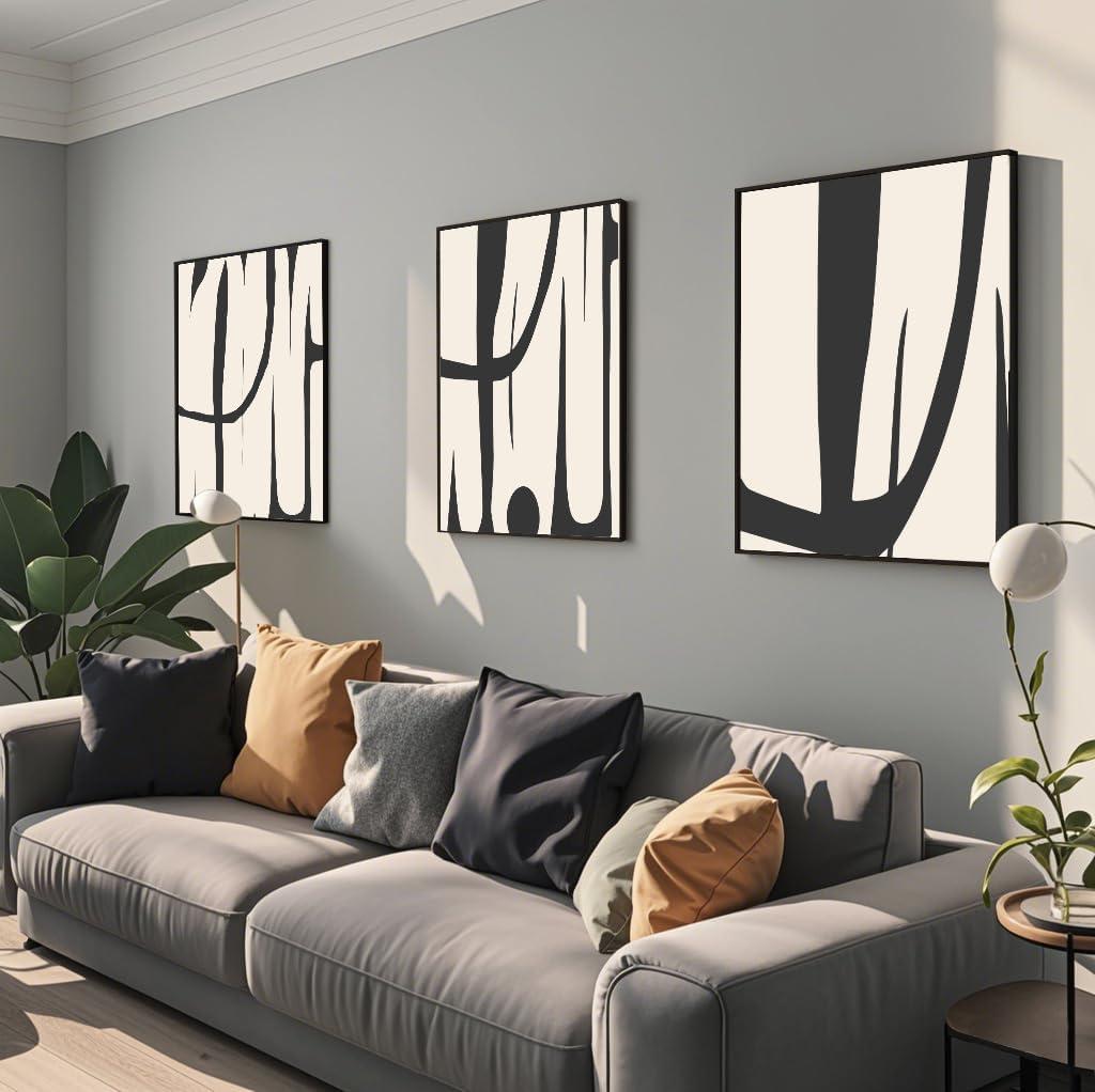 VARUFLY Black and White Abstract Wall Art for Living Room, Framed Canvas Pictures Wall Decor, Set of 3 Piece Modern Minimalist Art Work Painting for Home Office Guest Room 16X 24 (Black White)