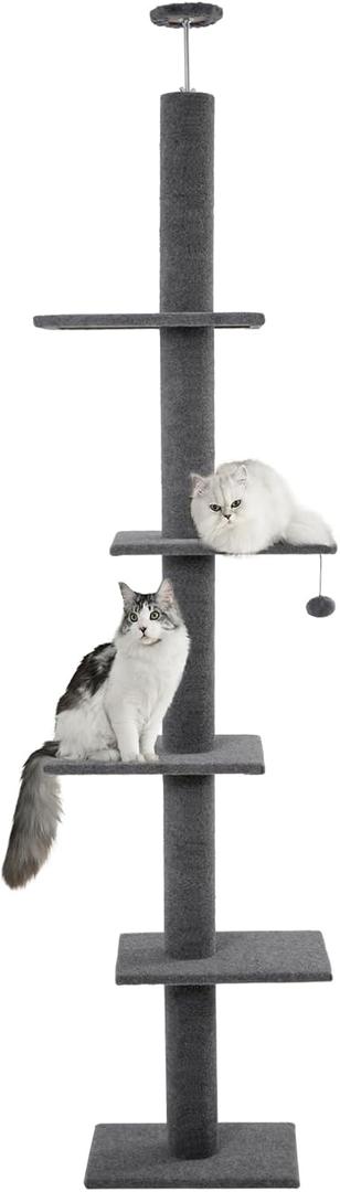 Cat Tree Floor to Ceiling Cat Tower 5-Tier Carpet Kitten Tree Cat Climbing Tower with Adjustable Height 98"-108", Tall Cat Trees with Platforms and Dangling Balls for Indoor Cats, Medium Grey