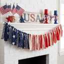Chumia 8.53ft 4th of July Tassel Garland Vintage Patriotic Fabric Rag Banner Red Blue White Mantel Decoration 250th Anniversary Wall Hanging for Independence Memorial Veterans Day Photo Supplies