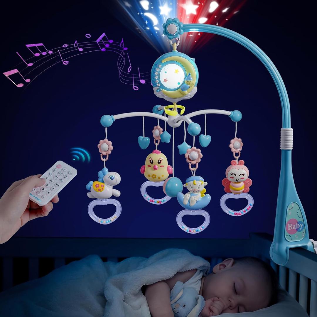 Mini Tudou Baby Musical Mobile Crib with Music and Lights, Timing Function, Projection, Take-Along Rattle and Music Box for Babies Boy Girl Toddler Sleep (Blue)