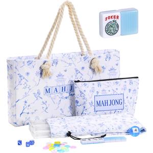 TIASUSAN American Mahjong Set(Light Blue), 166 Engraved Tiles, Bag and Mahjong Accessories, 4 Racks with Pushers, Mahjong Tile Set for Beginners