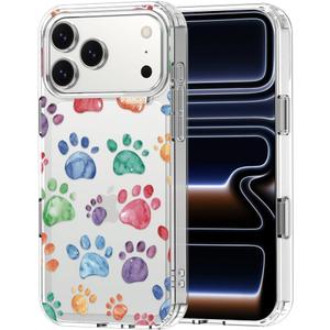 MOSNOVO for iPhone 17 Pro Max Case | Military Grade 6.6ft Drop Tested | Camera Control | Clear with Colorful Paw Design
