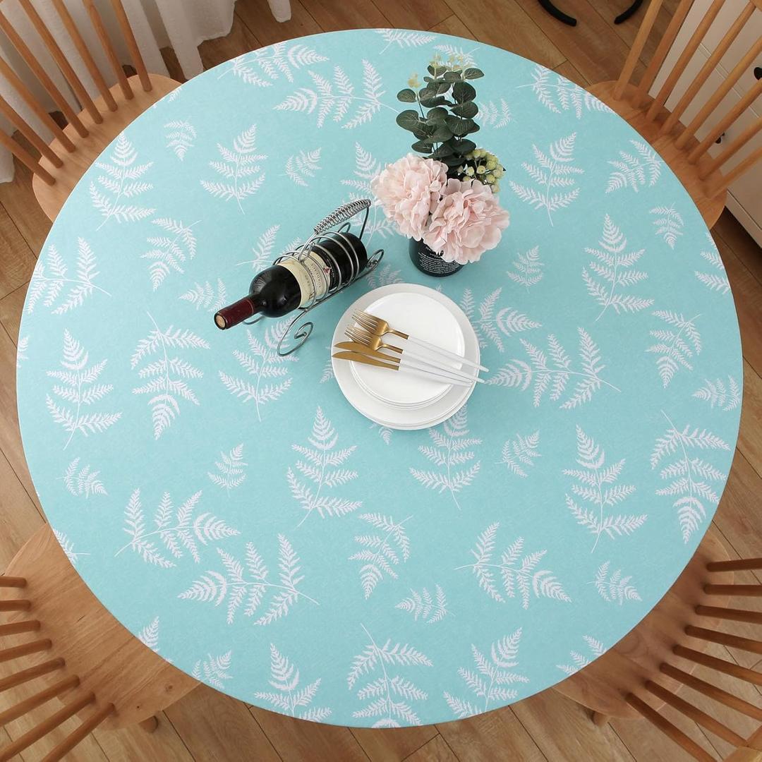 Round Vinyl Fitted Tablecloth, Waterproof Elastic Table Covers Wipeable Flannel Backed Tablecloths for Picnic Camping Indoor and Outdoor (Leaf,Turquoise, Fits 27" to 32" Diameter Tables)