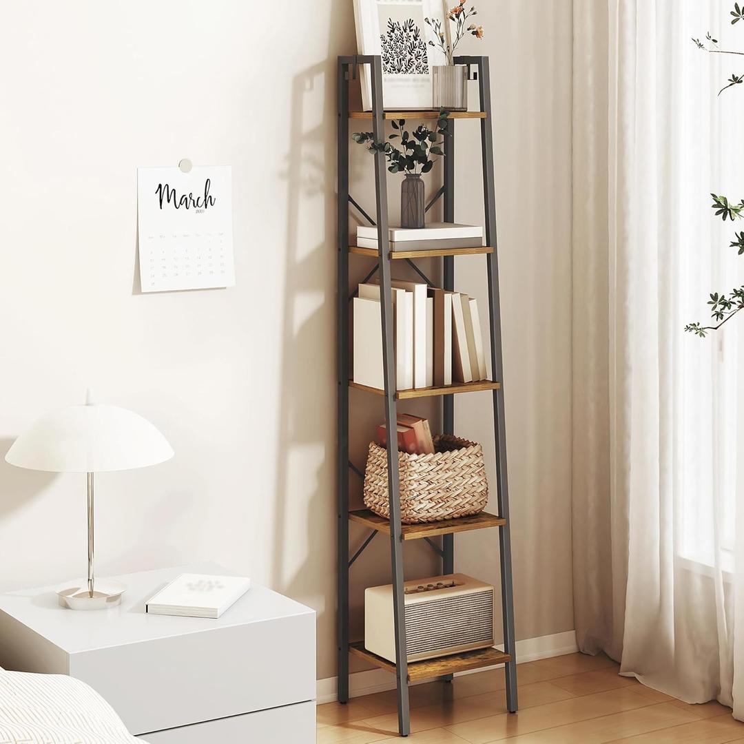Ladder Shelf, Bookshelf Bookcase, Freestanding Corner Storage Shelve with 2 Hooks for Home Office, Living Room, Kitchen, Bedroom, Industrial, 5-Tier Rustic Brown BC03201B (11.8"D x 13.4"W x 63"H)