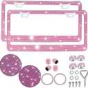 Pink Bling Rhinestone License Plate Frame 2 Packs Sparkly License Plate Holder Glitter Bedazzled Crystal Car License Plate Frame