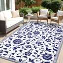 OLANLY Waterproof Outdoor Rug 5x8 ft, Outdoor Plastic Straw Rug with Flower Pattern, Reversible RV Mat for Patio, Camping, Balcony, Deck, Backyard, Navy & White