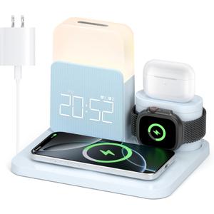 Alarm Clock Charging Station for Bedrooms, 7 in 1 Wireless Charging Station, Magnetic Charger with Night Light Bedside Clock for iPhone 17 16 15 14 13 12 Pro Max, Apple Watch, AirPods (Blue)