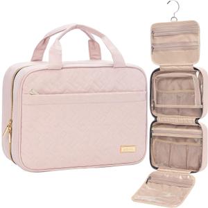 NISHEL Travel Toiletry Bag for women, Portable Hanging Organizer for Travel-Sized Shampoo, Conditioner, Brushes Set, makeup Accessories, Medium Size, Pink