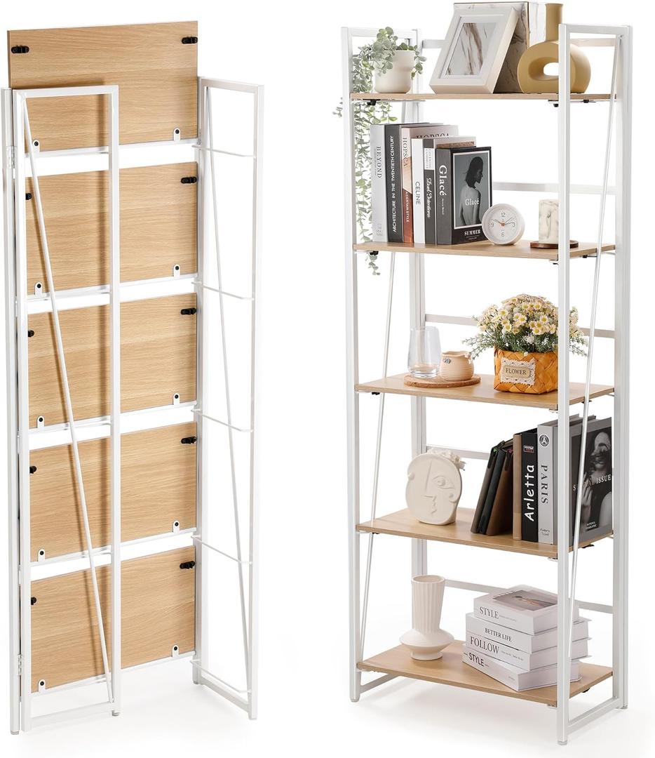 Rengue No-Assembly Folding Bookshelf Storage Shelves 5 Tiers Foldable Vintage Multifunctional Plant Flower Stand Storage Rack Shelves Bookcase for Home Office, White