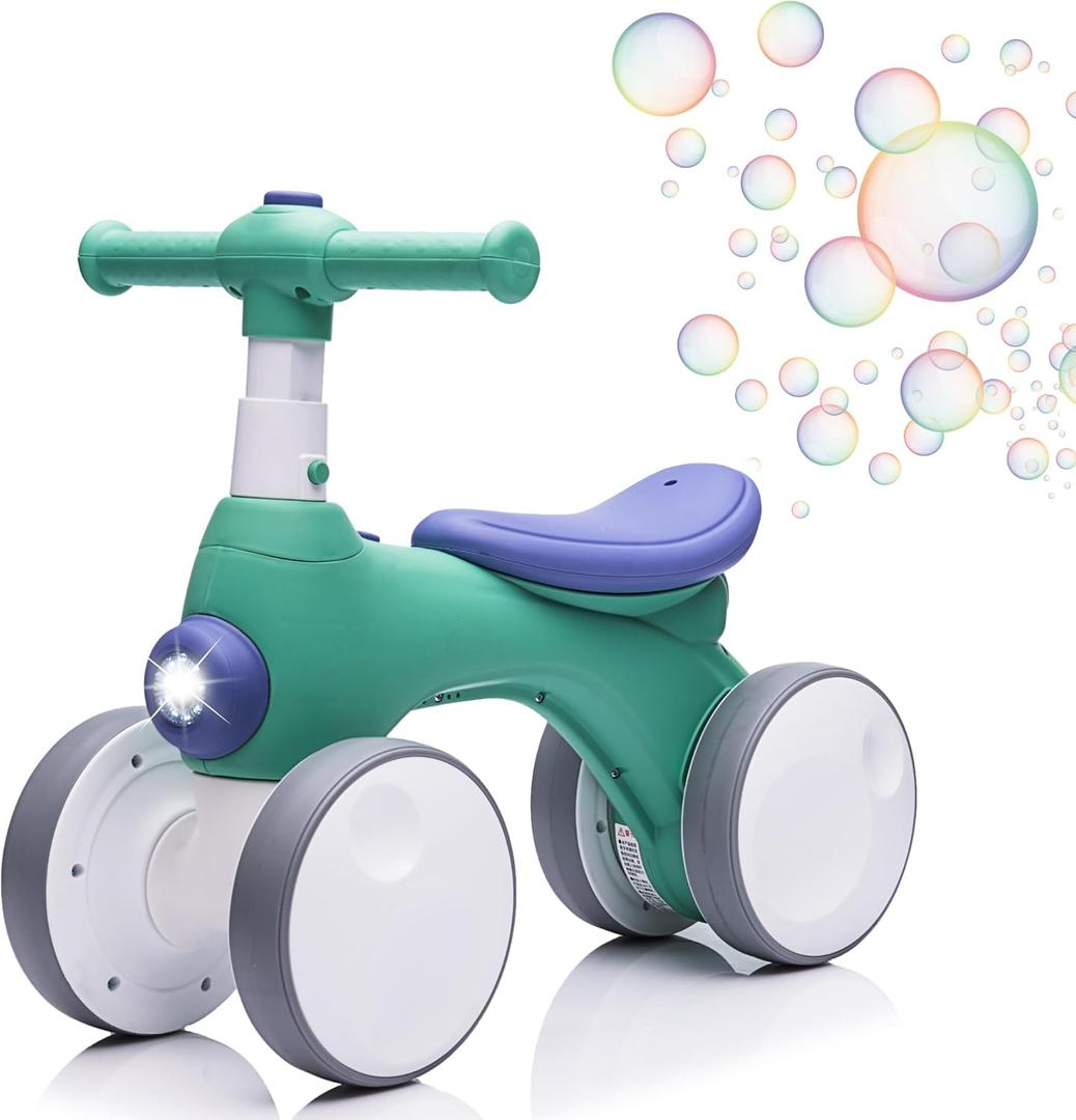 JoyRydz Baby Balance Bike 1 Year Old with Music, Lights, Bubble Machine, 4 Wheels Pedal-Less Toddler Ride on Toys for 12-36 Months Birthday Gift, Toddler boy Toys Ride on car Dark Green&Blue