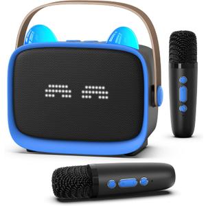 Mgaolo Upgraded Mini Karaoke Machine Toy for Kids, Portable Bluetooth Speaker with 2 Wireless Mics, Emoji & Colorful LED Lights, Home Travel & Party Play Gifts for Boys Girls (Blue)