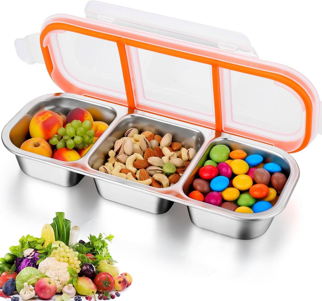 AIERSA Stainless Steel Snack Containers with Lids, Metal Snack Containers, 3 Compartment Food Container, Reusable Snack Container Stainless Steel
