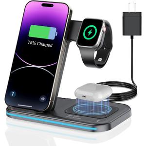 3 in 1 Charging Station Wireless Charger lPhone Foldable Charging Stand for Multiple Devices with Quick Charger for lPhone 16/15/14/13 Pro Max Watch AriPods Pro 2 (Black)