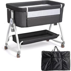 JOYMOR 3 in 1 Baby Bassinet, Bedside Bassinet for Baby, with Comfy Mattress and Wheels, 6 Height Adjustable Easy Folding Portable Bedside Crib for Newborn (Black)