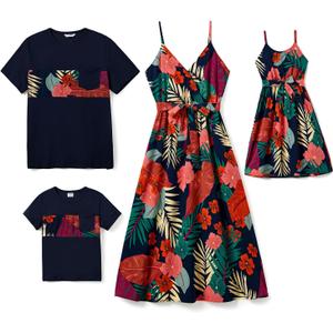 PATPAT Family Matching Outfits Mommy and Me Dresses Hawaiian Tropical Vacation Beach Spaghetti Strap Dress and Shirt (3-6 Months, Blue&red)