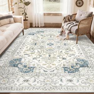 Area Rugs for Living Room - 4x6, Boho Non-Slip Low Pile Carpet Washable Rugs for Bedroom,Office, Dining Room (BeigeBlue)