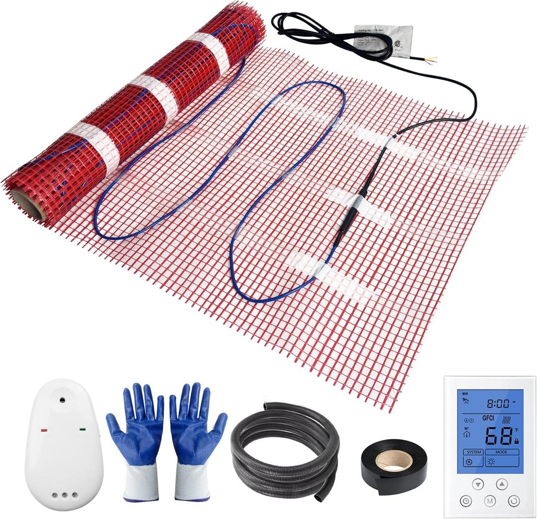 Electric Radiant Floor Heating System, 40 Sq.ft Electric Heated Floor Mats for Bathroom, Includes Programmable Thermostat, Heat Mat, Installation Monitor, and Temperature Sensors (Red)