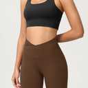ODODOS Women's Crossover Yoga Shorts with Back Pocket, 8" Buttery Soft V High Waist Lounge Biker Shorts, Brunette, Small (Brown, S)