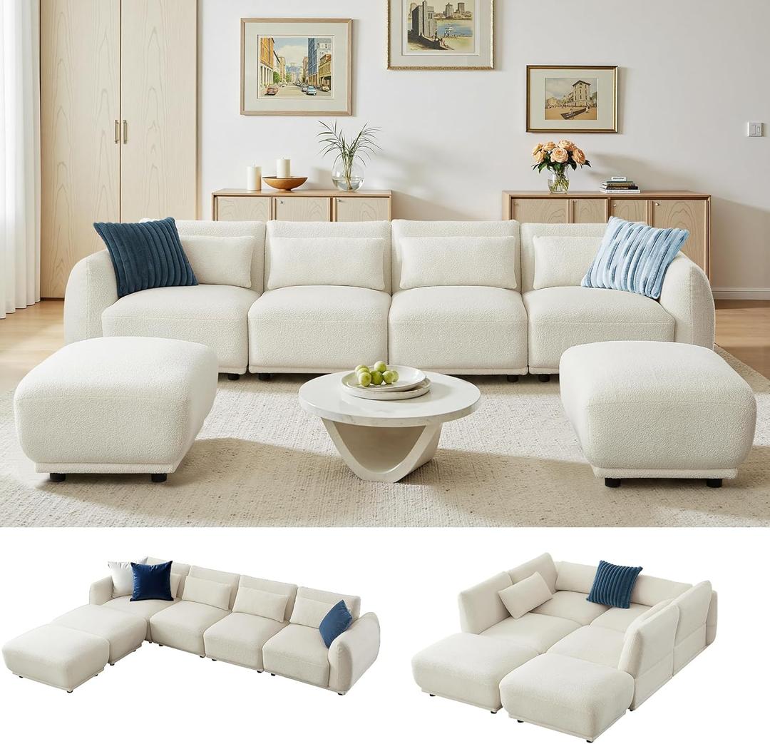 Sectional Sofa Couch, Modern U Shaped Sectional Couch with Ottoman, Modular Sectional Sofa Cloud Couches for Living Room (White, 4 Set + 2 Ottoman)