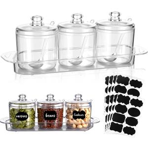 LemonRoad Set of 3 Clear Acrylic Sugar Bowl with Lid and Spoon for Coffee Bar Accessories, 7oz Tea Sugar Coffee Containers Salt Canister Spice Jars, Kitchen Seasoning Box Condiment Pots with Labels