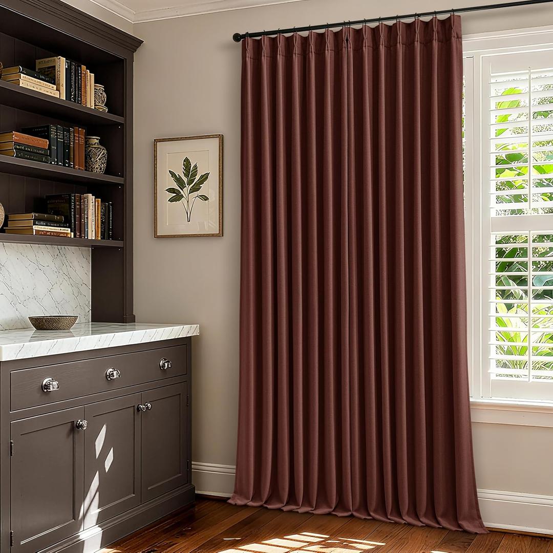 Chestnut Brown Linen Pinch Pleated Blackout Curtains 108 Inches Long for Bedroom Pleated 100% Black Out Drapes with Liner Rust Farmhouse Country Extra Long 108 Inch Curtain for Living Dining Room