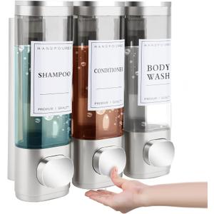 Shampoo and Conditioner Dispenser, Shower Soap Dispenser Wall Mounted 3 Chamber 300ml, Refillable Hand Soap Dispensers, Body Wash Dispenser for Bathroom, Kitchen, Hotel, Home 5 Colors, (Silver)