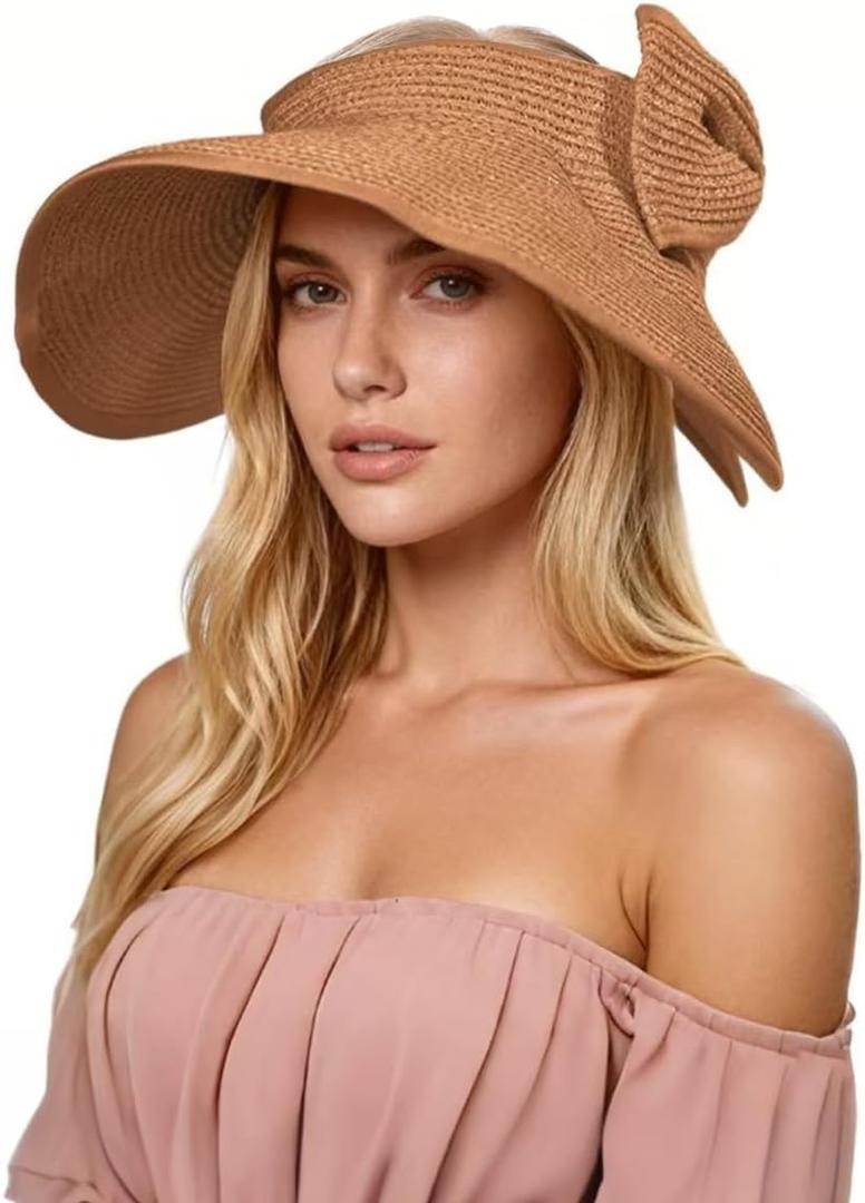Womens Wide Brim Visor Hat Foldable Straw Sun Hat UV Protection Beach Cap (Khaki)