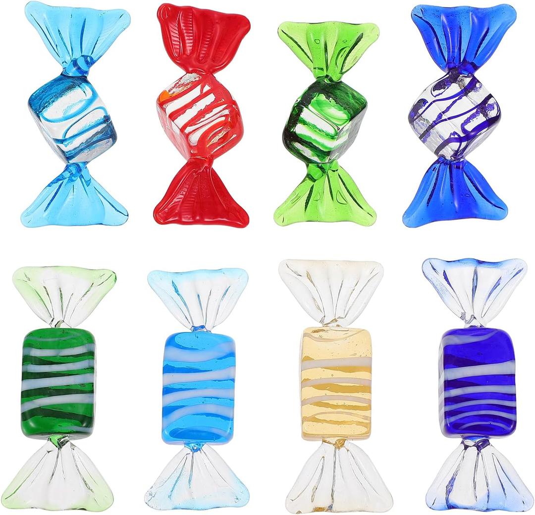 Amosfun 8Pcs Glass Candy Ornaments 2.36 Inch Striped Glass Decorative Ornaments for Holiday Party Whimsical Home Decor