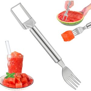 4 x 2-in-1 Watermelon Slicer & Fork – Stainless Steel Fruit Cutter Tool for Watermelon, Mango, Pitaya – Portable for Camping, Picnics, Home, Parties – Effortless Cubes & No Mess