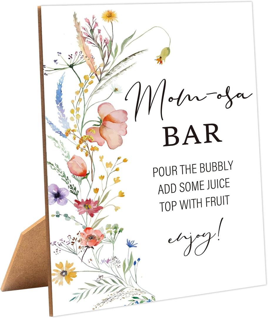 2 x Boho Wildflower Mom-osa Bar Sign for Baby Shower, 1 Pack Wooden Sign with Stand Tabletop Decor, Baby Shower Drinks Table Sign, Boho Baby Shower Decoration, Gender Neutral Party Supplies - LE01