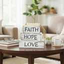 Christian Table Centerpiece Decor, 4 pcs Rustic Wooden Stacked Blocks with Faith Hope Love Signs, Wood Bead & Jute Tassel, Tiered Tray Decor for Home Office Mantle Living Room, Gifts for Christians