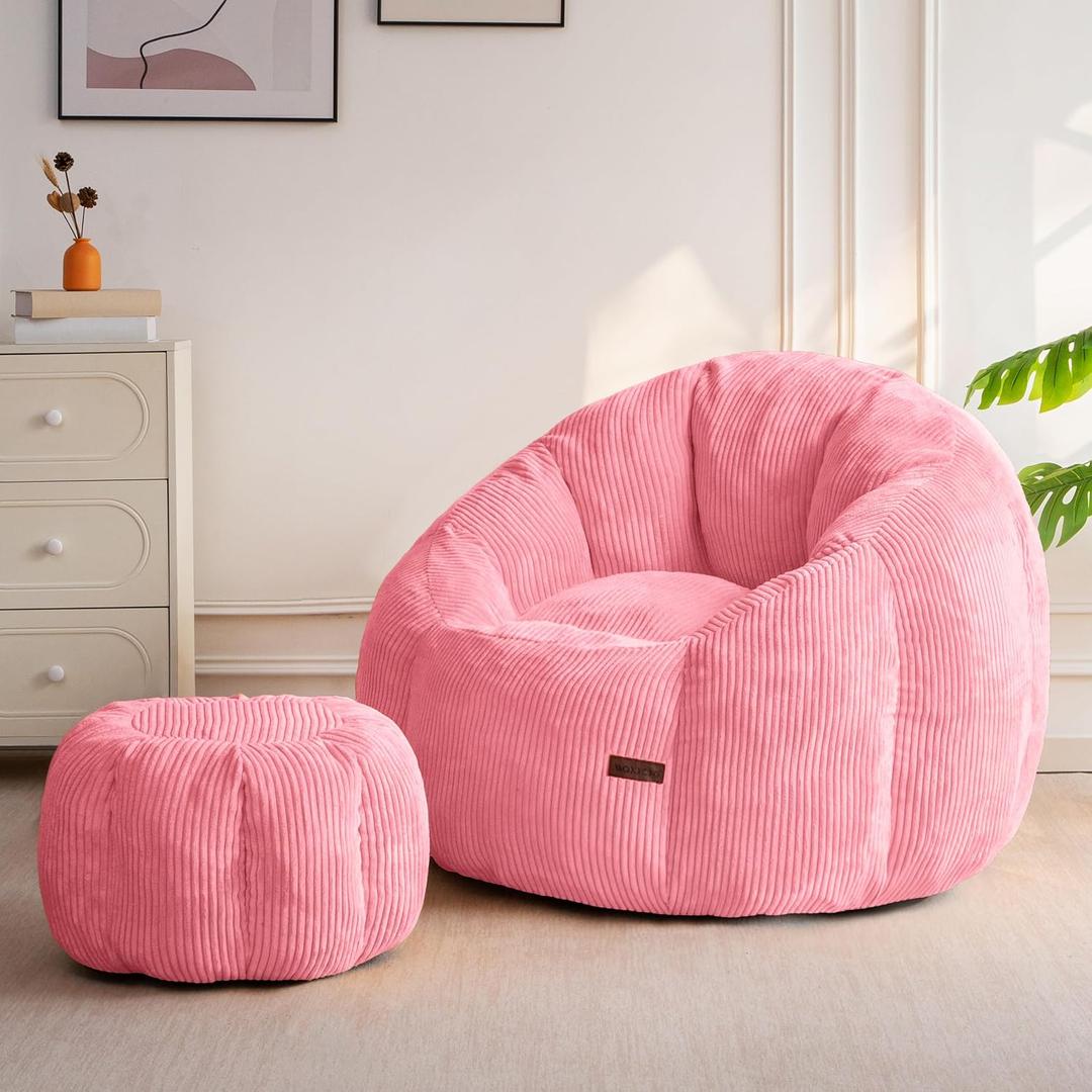 MAXYOYO Giant Bean Bag Chair with Ottoman, Pumpkin-Shaped Bean Bag Sofa with Footstool, Oversized Boneless Couch Chair in a Box, Comfy and Lazy Lounge for Dorm, Living Room, Bedroom, Pink, Floor Sofa with Ottoman