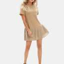 EXLURA Womens Summer Casual Short Sleeve Dress Crewneck Tshirt Dresses Pleated Aline Mini Dress 2025 Vacation Beach Sundress (Beige, M)