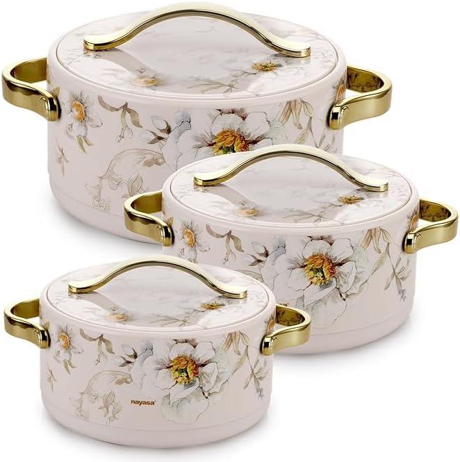 White Inner Stainless Steel Casserole Set of 3 (500ml, 1000 ml, 1500 ml), Ivory | BPA Free | Food Grade | Easy to Carry | Easy to Store | Chapati | Roti | Curd