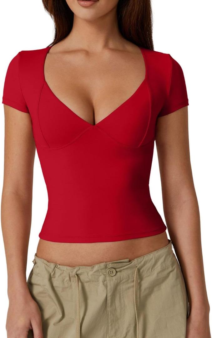 QINSEN Women's V Neck Short Sleeve T Shirts Double Lined Tee Seamed Cup Going Out Tops (X-Large, Red)