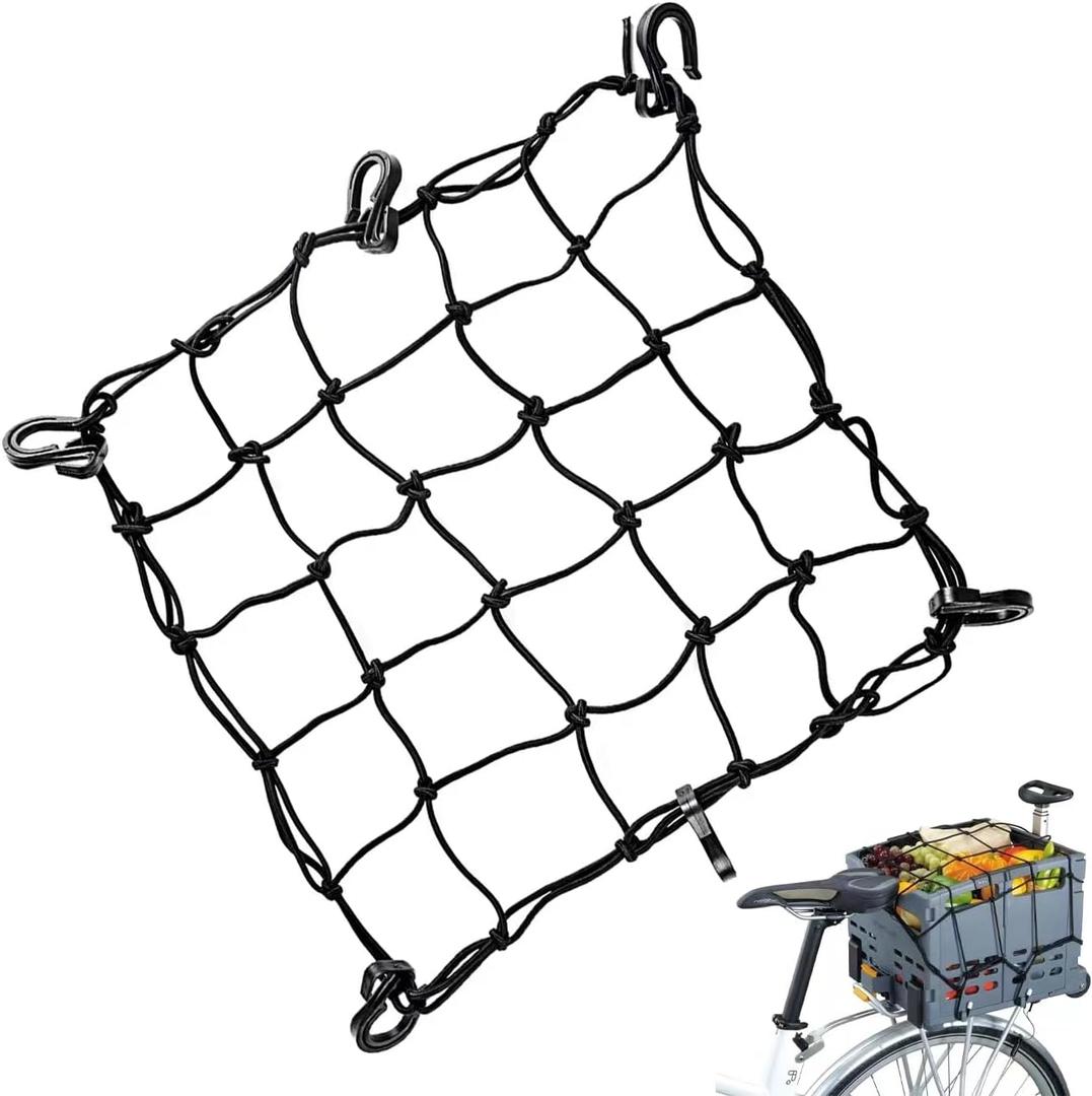 Bike Cargo Net for Bike Tote and Basket, Cargo Netting for Bicycle Storage, 15.7 x 15.7, Expandable Bungee Net with 6 Hooks, Bicycle Accessories, Black Color